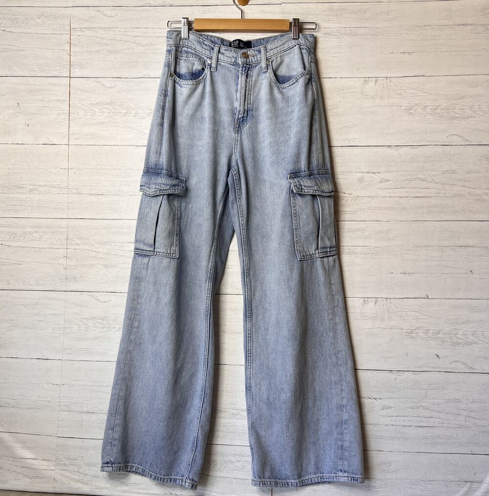 GAP Jeans Womens SZ 6/28 R Blue High Rise Wide Leg Cargo Light Wash 100% Cotton